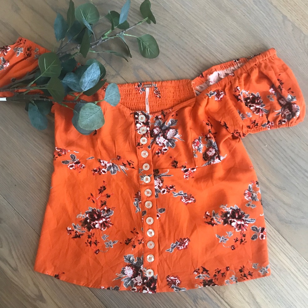 Free People Orange Floral Off the Shoulder Crop